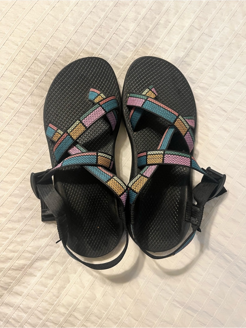 Chaco Women's Z Cloud Black Sandals with Pink, Teal, and Yellow Straps
